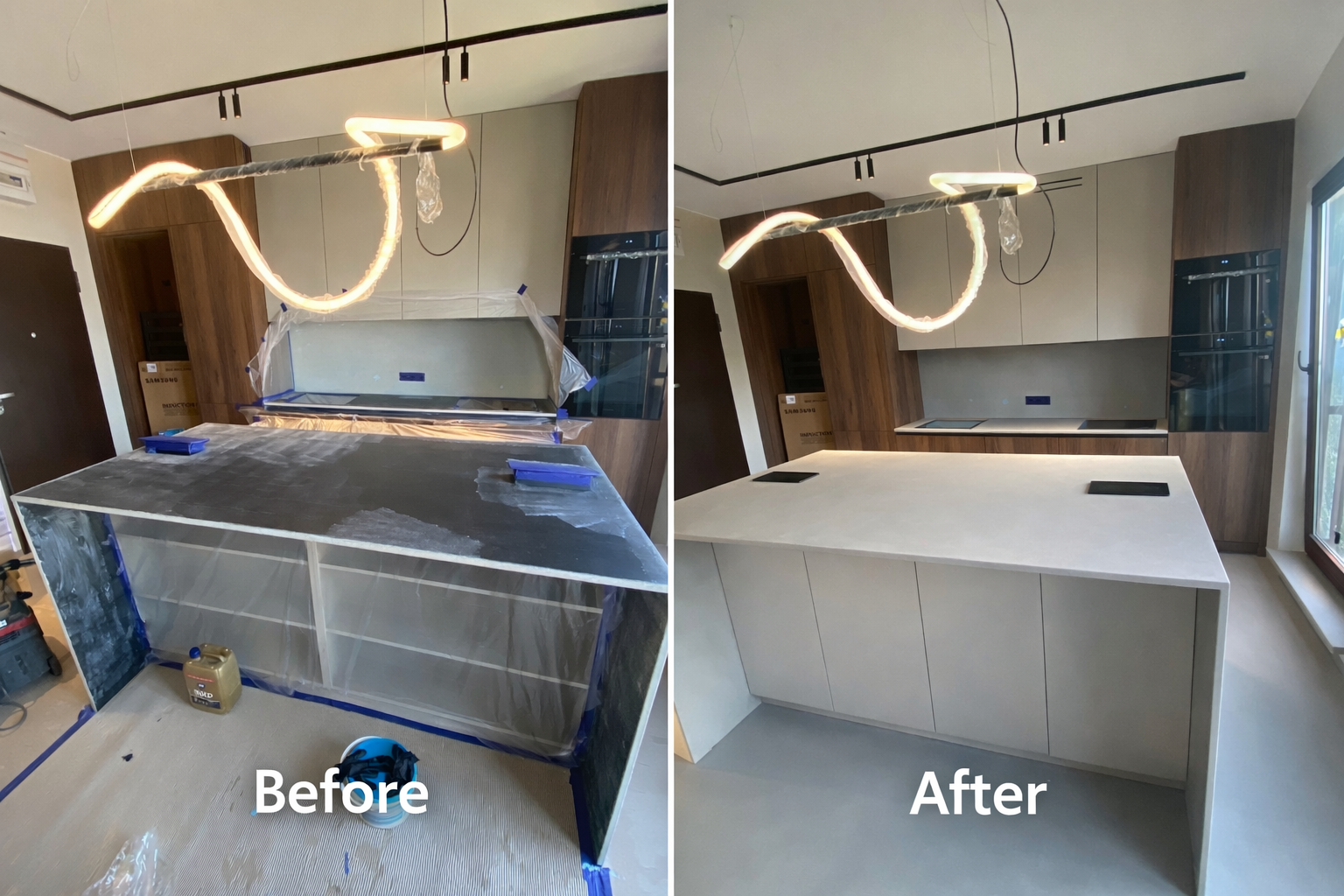 Blat kuchenny mikrocement Łódź — wyspa kuchenna przed i po wykonaniu